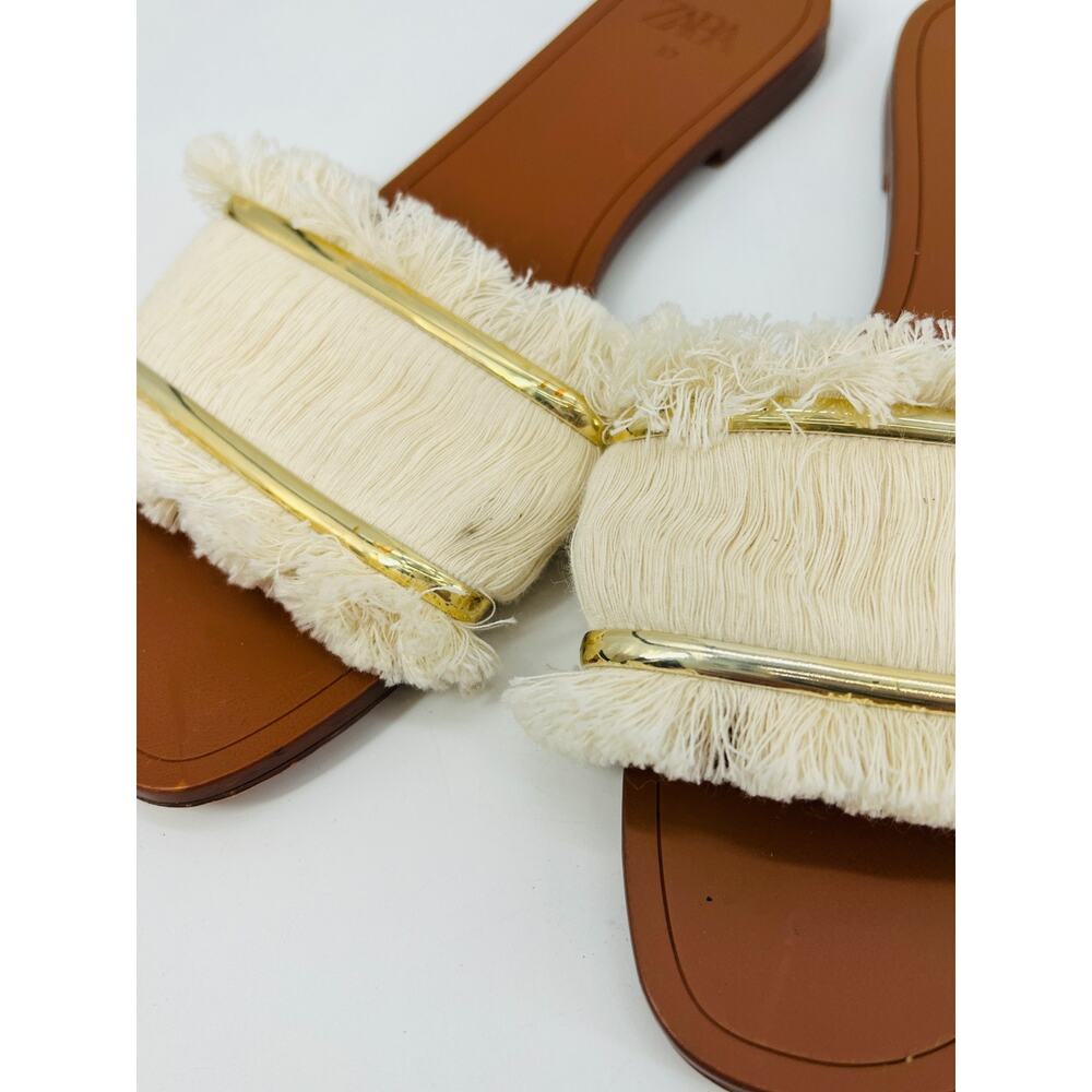 Zara Women's Cream Flat Sandal With Fringe Size 6.5 - 7 EU37 Vacation Resortwear - Picture 4 of 5